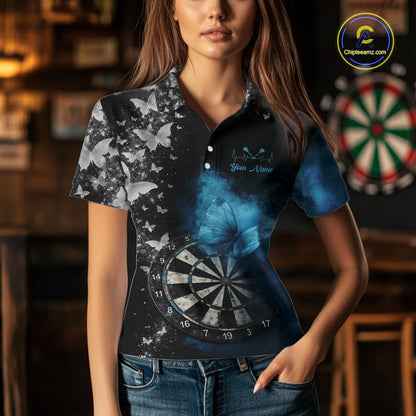 Custom Silver Butterfly Blue Smoking Grunge Dartboard Women Darts Polo Shirts Dart Jerseys NYN2266