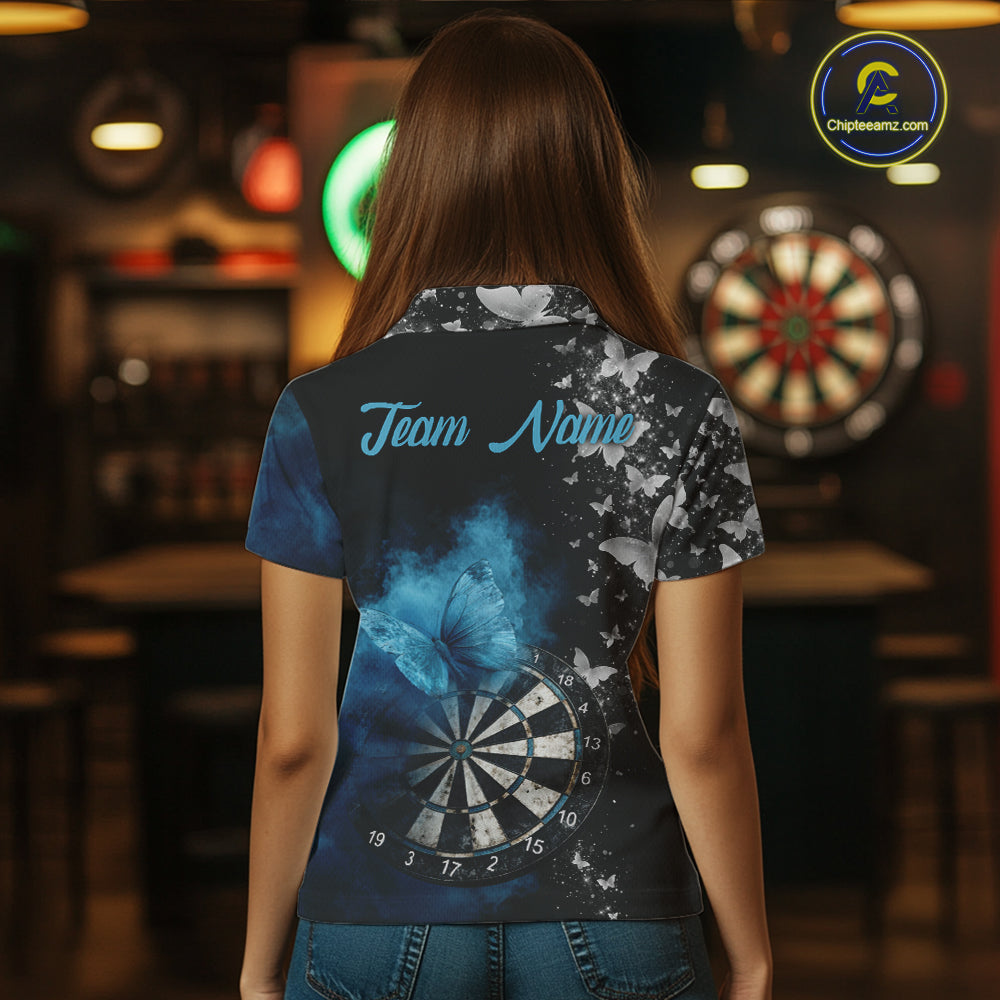 Custom Silver Butterfly Blue Smoking Grunge Dartboard Women Darts Polo Shirts Dart Jerseys NYN2266