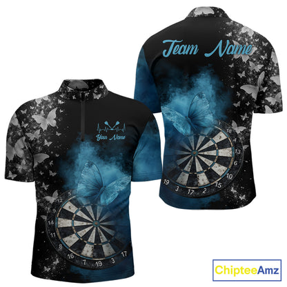 Custom Silver Butterfly Blue Smoking Grunge Dartboard Men Darts Quarter-Zip Shirts Dart Jerseys NYN2266