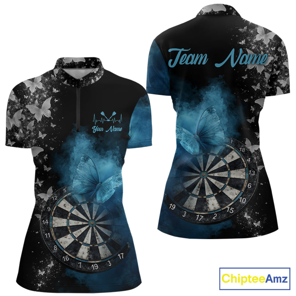 Custom Silver Butterfly Blue Smoking Grunge Dartboard Women Darts Quarter-Zip Shirts Dart Jerseys NYN2266