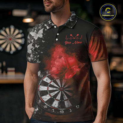 Custom Silver Butterfly Red Smoking Grunge Dartboard Men Darts Polo Shirts Dart Jerseys NYN2267