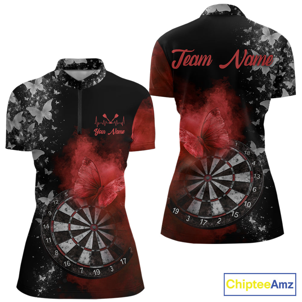 Custom Silver Butterfly Red Smoking Grunge Dartboard Women Darts Quarter-Zip Shirts Dart Jerseys NYN2267