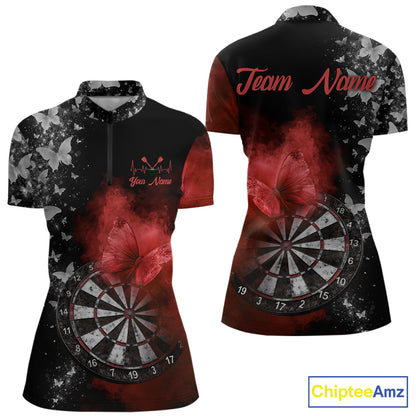 Custom Silver Butterfly Red Smoking Grunge Dartboard Women Darts Quarter-Zip Shirts Dart Jerseys NYN2267