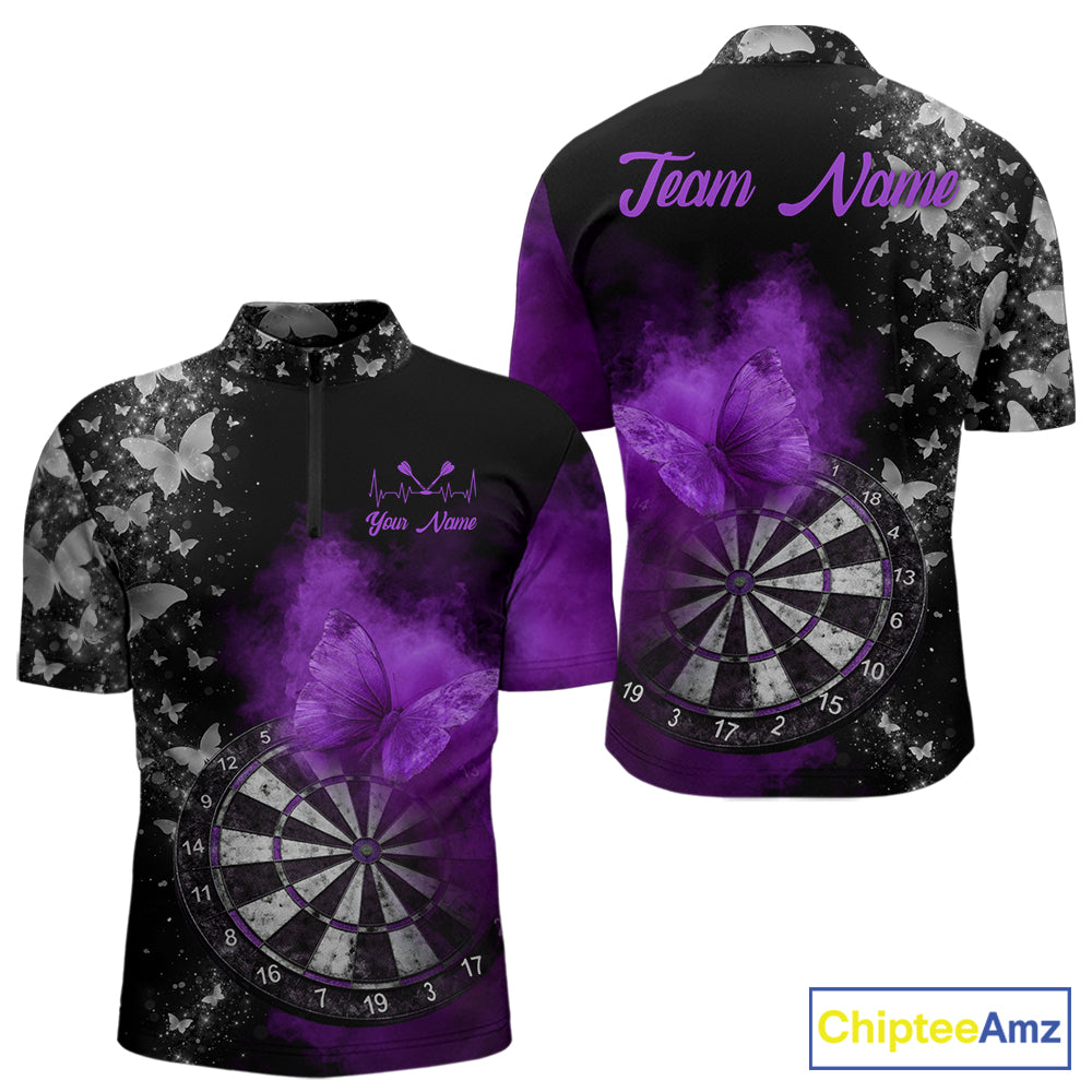 Custom Silver Butterfly Purple Smoking Grunge Dartboard Men Darts Quarter-Zip Shirts Dart Jerseys NYN2268