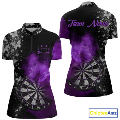 Custom Silver Butterfly Purple Smoking Grunge Dartboard Women Darts Quarter-Zip Shirts Dart Jerseys NYN2268
