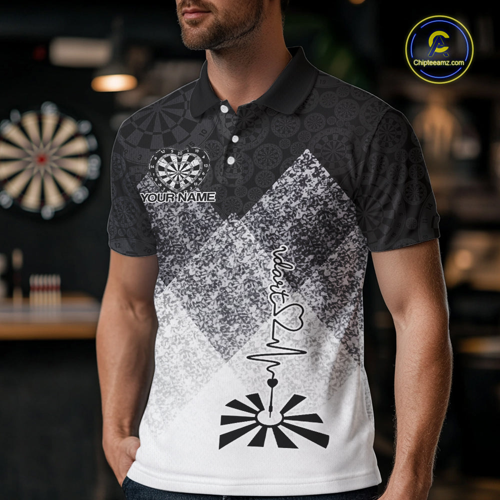 Black White Grunge Heart Dartboard Men Darts Valentine Shirt Custom Dart Polo Couple Gifts NYN2553
