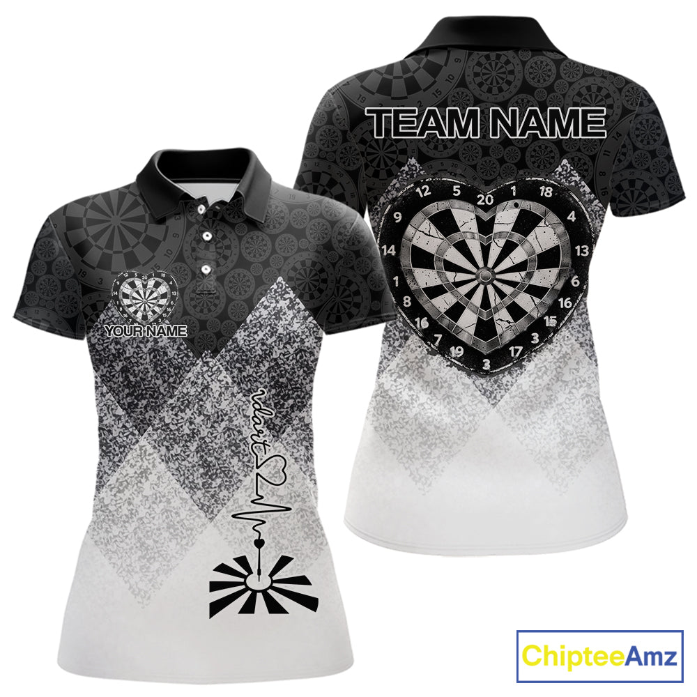 Black White Grunge Heart Dartboard Women Darts Valentine Shirt Custom Dart Polo Couple Gifts NYN2553