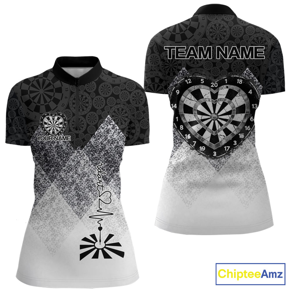 Black White Grunge Heart Dartboard Women Darts Valentine Shirt Custom Dart Quarter-Zip Couple Gifts NYN2553