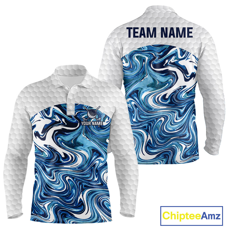 Mens Golf Clothing Blue Fluid Pattern Golf Polo Shirt Custom White Golf Ball Golf Upf Shirts NYN2929