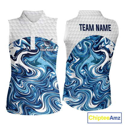 Women Golf Clothing Blue Fluid Pattern Sleeveless Golf Polo Shirt Custom White Golf Ball Golf Upf Shirts NYN2929