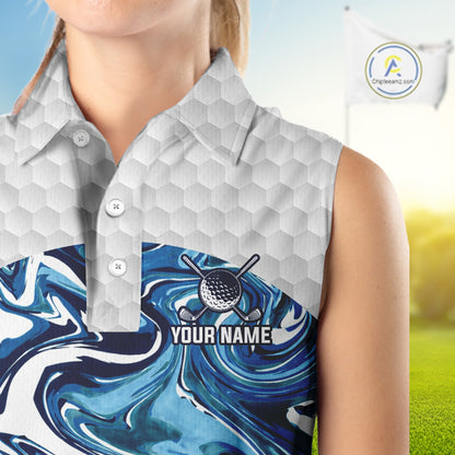 Women Golf Clothing Blue Fluid Pattern Sleeveless Golf Polo Shirt Custom White Golf Ball Golf Upf Shirts NYN2929
