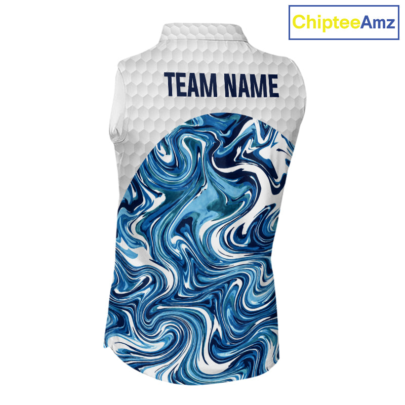 Women Golf Clothing Blue Fluid Pattern Sleeveless Golf Polo Shirt Custom White Golf Ball Golf Upf Shirts NYN2929
