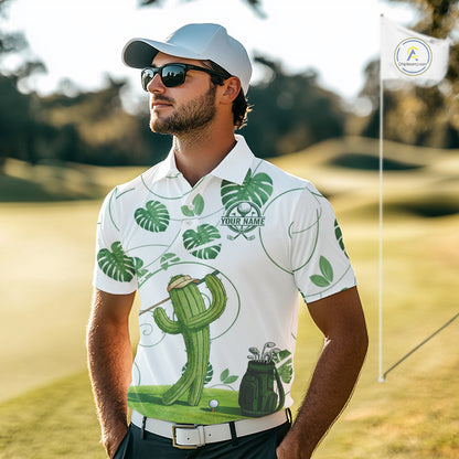 Mens Green Monstera Pattern Golf Clothing Custom Cactus Golfer Funny Mens Golf Polo Shirt NYN2931