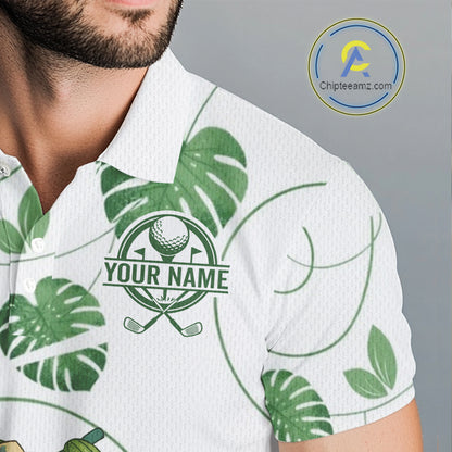 Mens Green Monstera Pattern Golf Clothing Custom Cactus Golfer Funny Mens Golf Polo Shirt NYN2931
