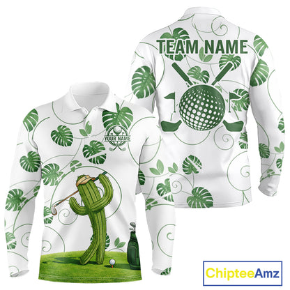 Mens Green Monstera Pattern Golf Clothing Custom Cactus Golfer Funny Mens Golf Polo Shirt NYN2931