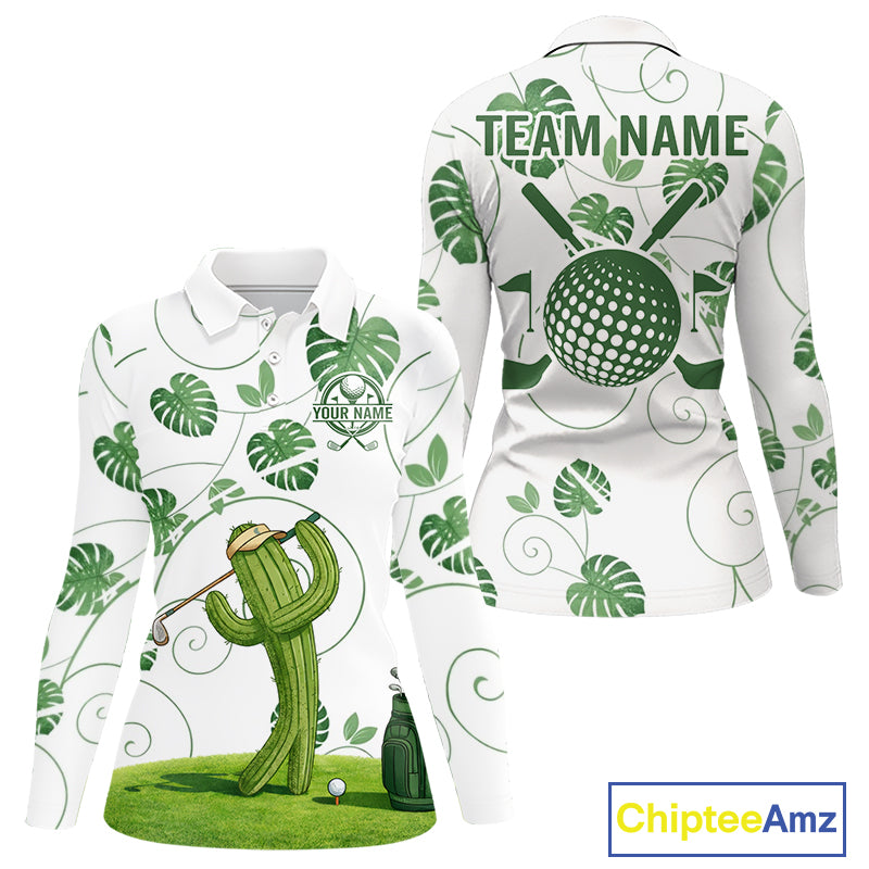 Women Green Monstera Pattern Golf Clothing Custom Cactus Golfer Funny Womens Golf Polo Shirt NYN2931