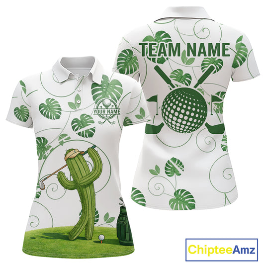 Women Green Monstera Pattern Golf Clothing Custom Cactus Golfer Funny Womens Golf Polo Shirt NYN2931