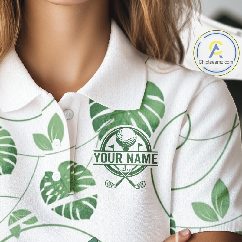 Women Green Monstera Pattern Golf Clothing Custom Cactus Golfer Funny Womens Golf Polo Shirt NYN2931