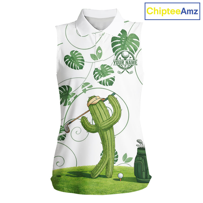 Women Green Monstera Pattern Golf Clothing Custom Cactus Golfer Funny Womens Golf Polo Shirt NYN2931