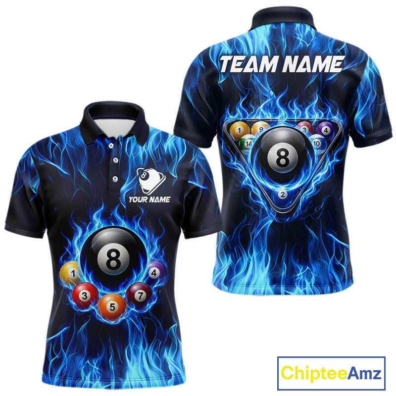 Fire Flame 8 Ball Billiard Shirt For Men Custom Blue Flames Pool Billiard Rack Team Shirt NYN3137