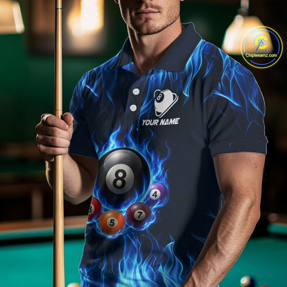 Fire Flame 8 Ball Billiard Shirt For Men Custom Blue Flames Pool Billiard Rack Team Shirt NYN3137