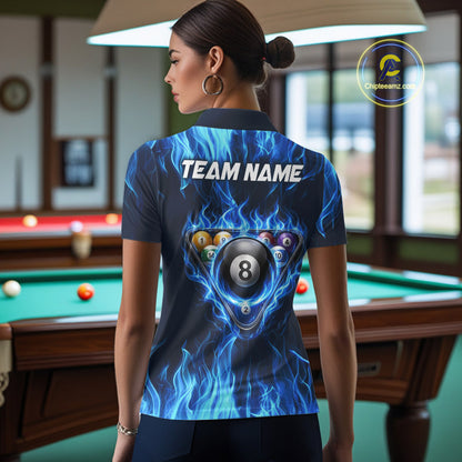 Fire Flame 8 Ball Billiard Shirt For Women Custom Blue Flames Pool Billiard Rack Team Shirt NYN3137