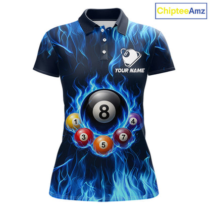 Fire Flame 8 Ball Billiard Shirt For Women Custom Blue Flames Pool Billiard Rack Team Shirt NYN3137