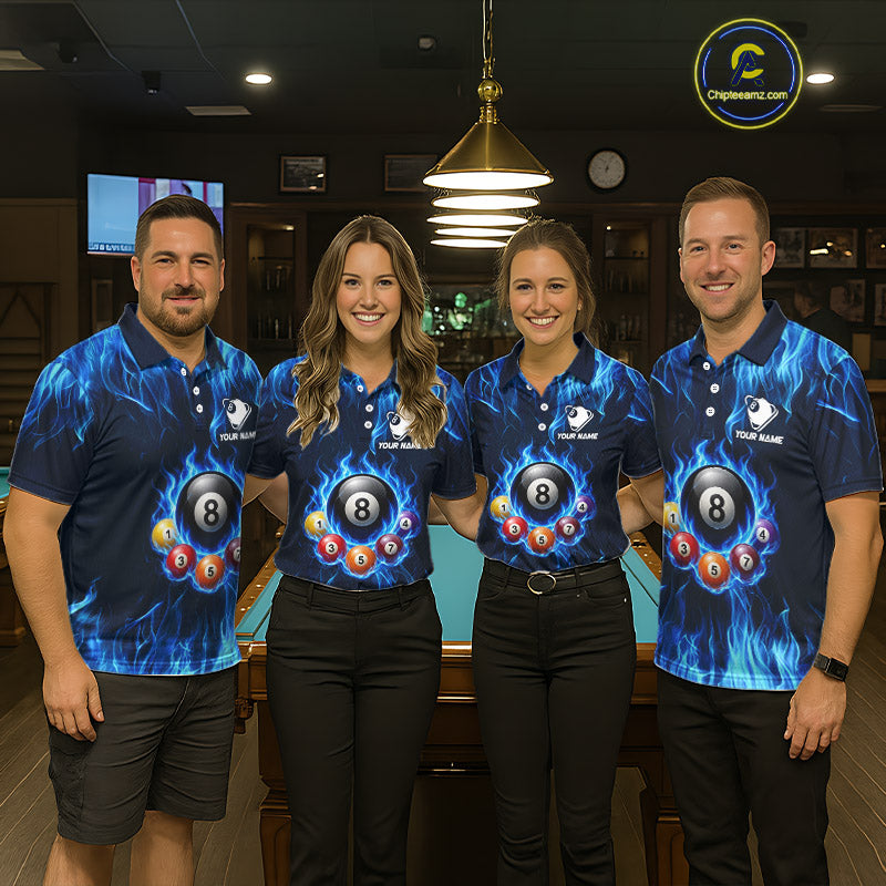 Fire Flame 8 Ball Billiard Shirt For Women Custom Blue Flames Pool Billiard Rack Team Shirt NYN3137