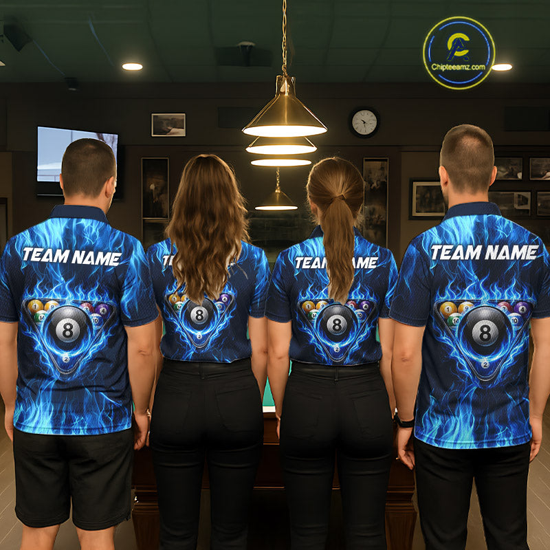 Fire Flame 8 Ball Billiard Shirt For Women Custom Blue Flames Pool Billiard Rack Team Shirt NYN3137
