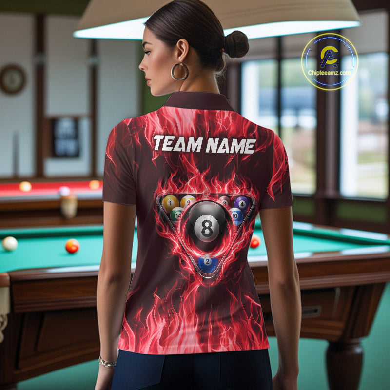 Fire Flame 8 Ball Billiard Shirt For Women Custom Red Flames Pool Billiard Rack Team Shirt NYN3138