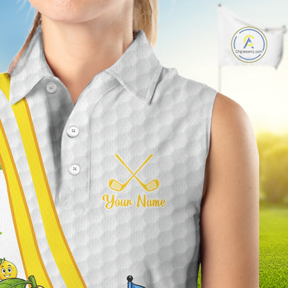 White sleeveless golf shirt with yellow text and graphics on a blurred golf course background