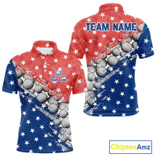 Load image into Gallery viewer, Two polo shirts with American flag and golf ball pattern, featuring 'Team Name' and 'Your Name' text.