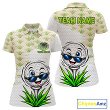 Load image into Gallery viewer, Two polo shirts with golf-themed designs and 'Team Name' text, featuring a cartoon golf ball and tee on a white background.