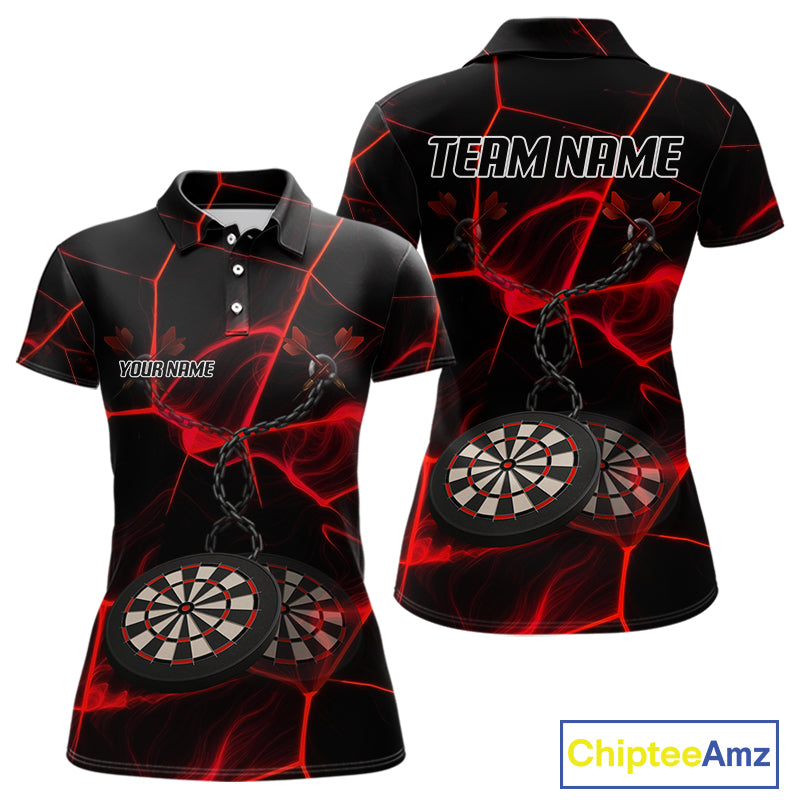 Flame Dartboard & Chains Darts Shirt For Women - Custom Name & Team Jersey | Opt1 - Red NYN0625