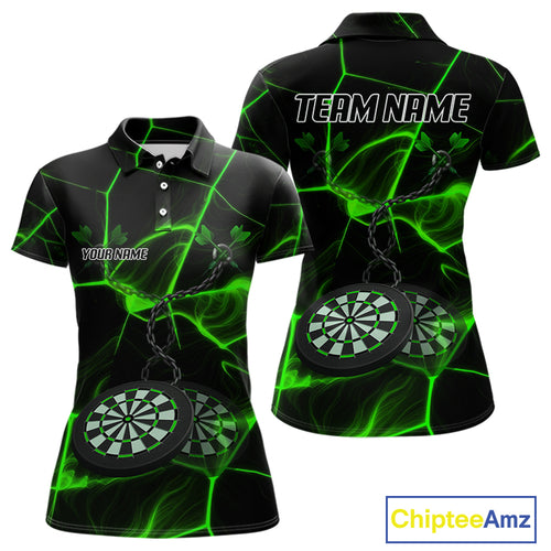 Flame Dartboard & Chains Darts Shirt For Women - Custom Name & Team Jersey | Opt3 - Green NYN0627
