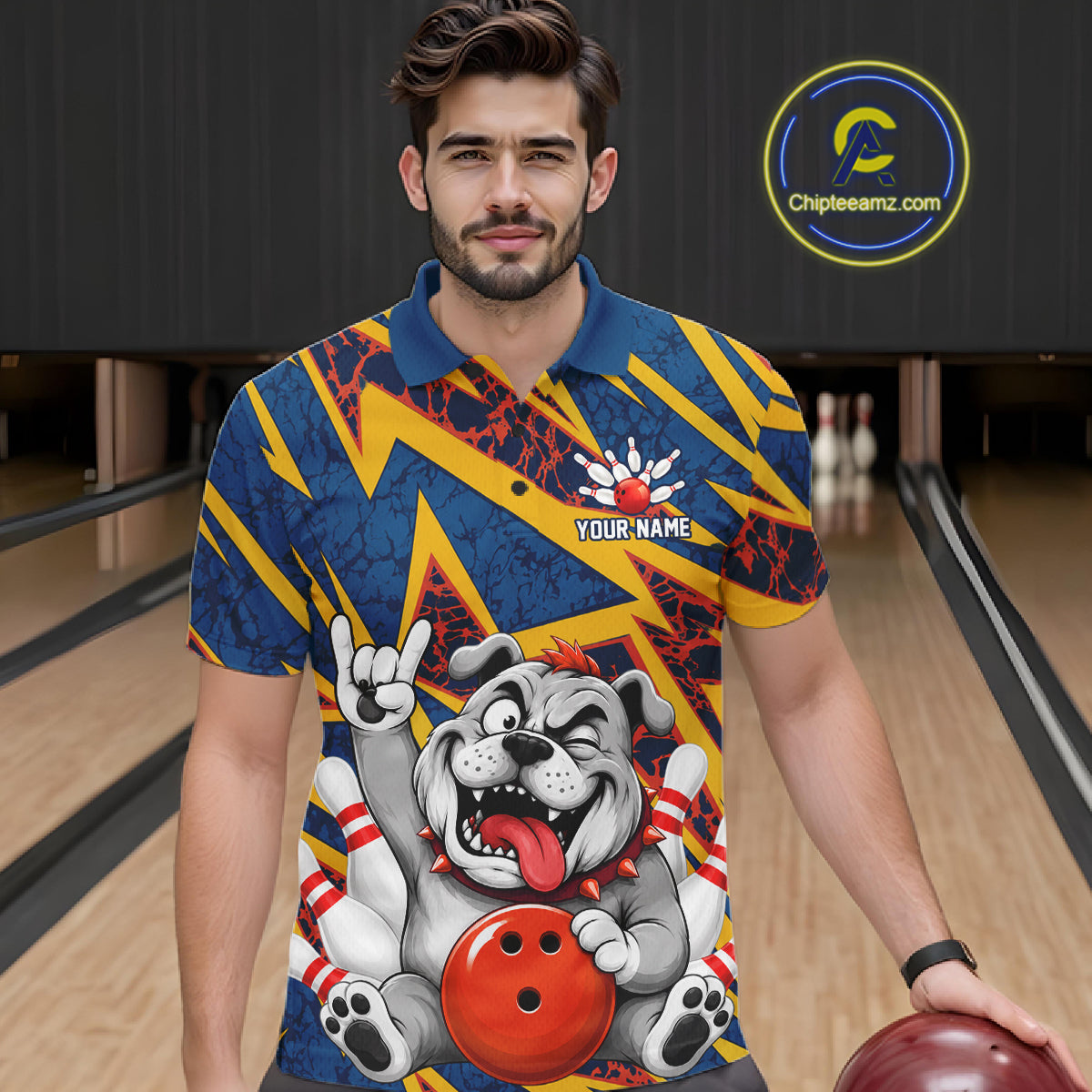 Male model wearing Funny Bulldog bowling polo shirt, personalized bulldog sports jersey, bowling lifestyle
