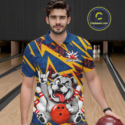 Male model wearing Funny Bulldog bowling polo shirt, personalized bulldog sports jersey, bowling lifestyle