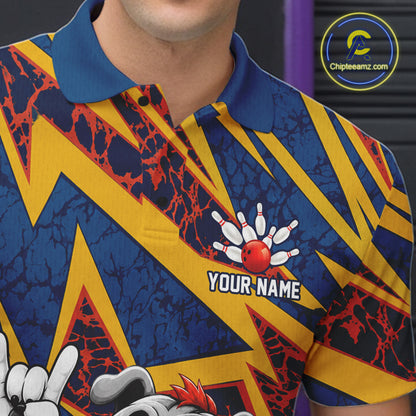 Male model wearing Funny Bulldog bowling polo shirt, personalized bulldog sports jersey, bowling lifestyle