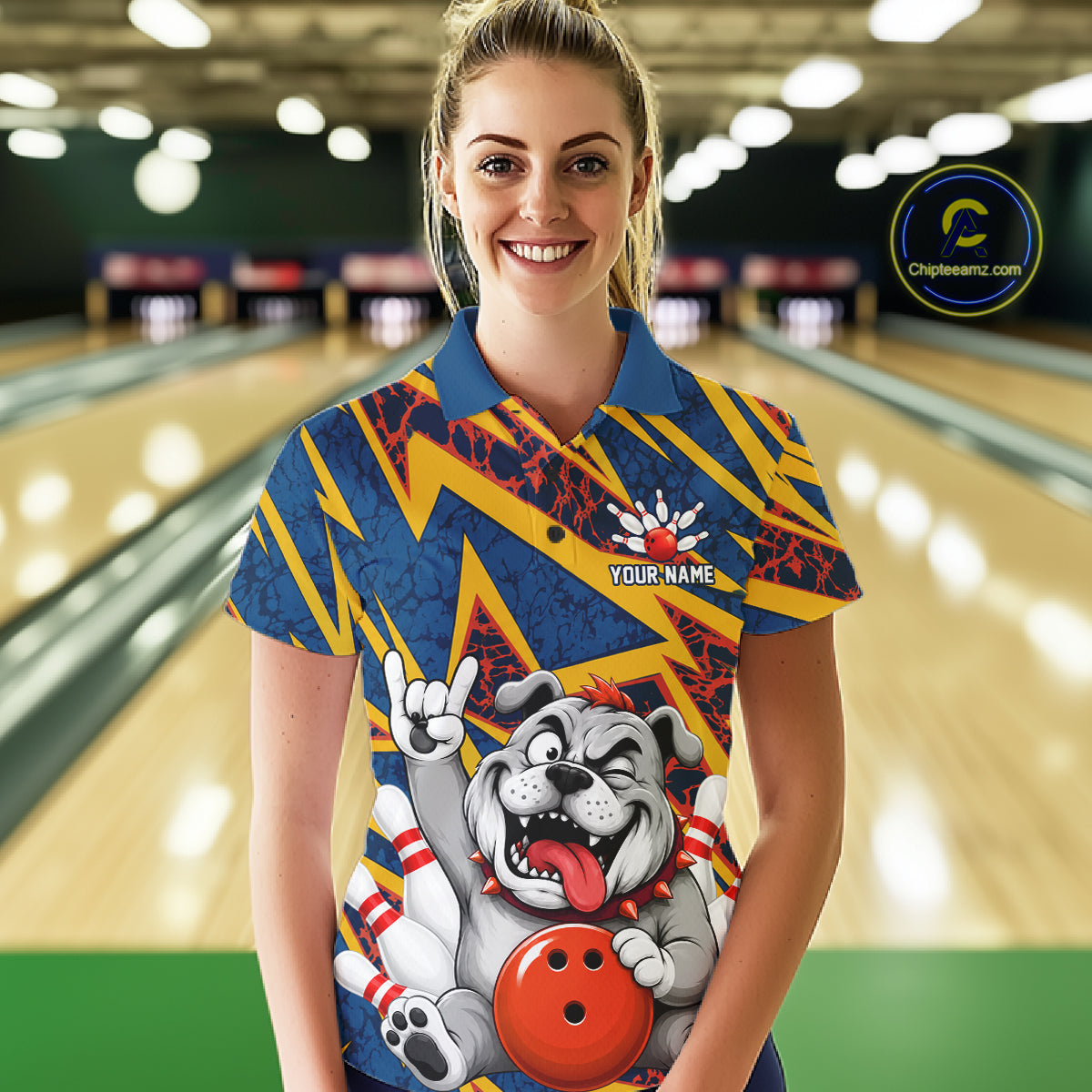 Female model wearing Funny Bulldog bowling polo, personalized dog lover bowling apparel, athletic confidence