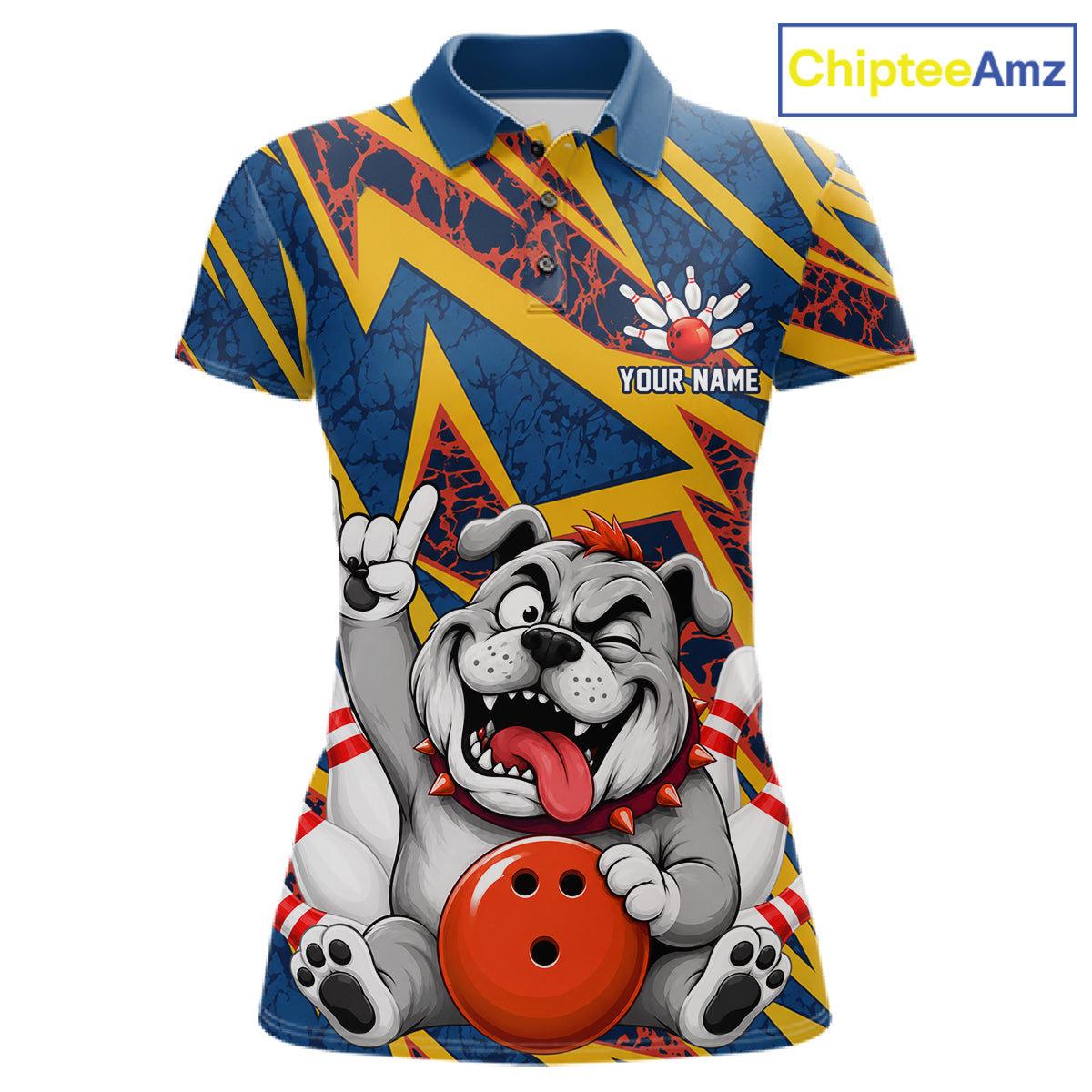 Funny Rock-On Bulldog Women's Bowling Polo Shirt, Personalized Bulldog Bowling Team Jersey, Dog Lover Bowling Apparel, League Performance Polo, Loyalty Theme