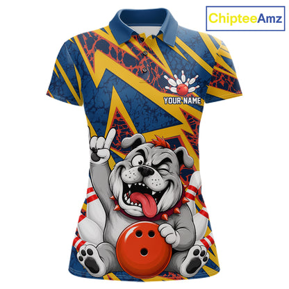 Funny Rock-On Bulldog Women's Bowling Polo Shirt, Personalized Bulldog Bowling Team Jersey, Dog Lover Bowling Apparel, League Performance Polo, Loyalty Theme