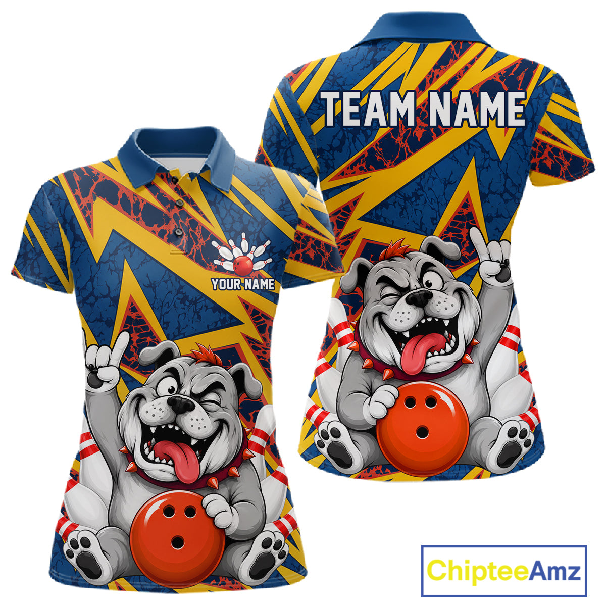 Funny Rock-On Bulldog Women's Bowling Polo Shirt, Personalized Bulldog Bowling Team Jersey, Dog Lover Bowling Apparel, League Performance Polo, Loyalty Theme