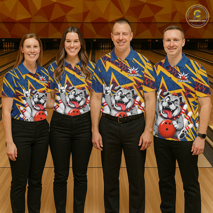 Bowling team wearing matching Bulldog bowling polo and quarter-zip jerseys, personalized league uniforms, dog lovers, friendship, teamwork, club tournaments
