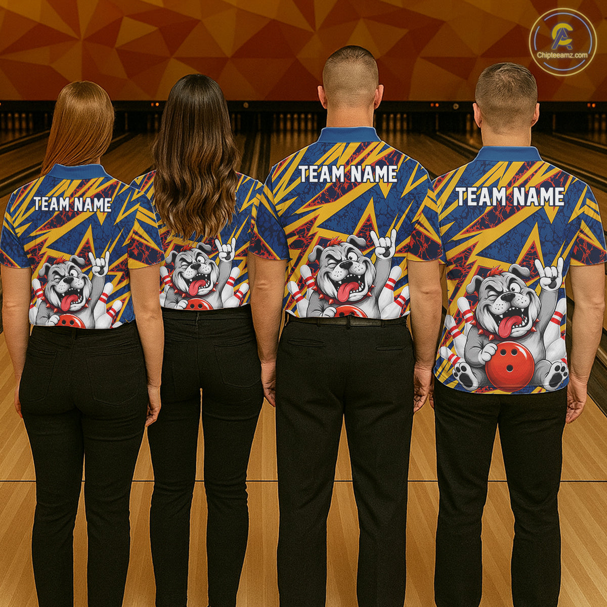 Bowling team wearing matching Bulldog bowling polo and quarter-zip jerseys, personalized league uniforms, dog lovers, friendship, teamwork, club tournaments