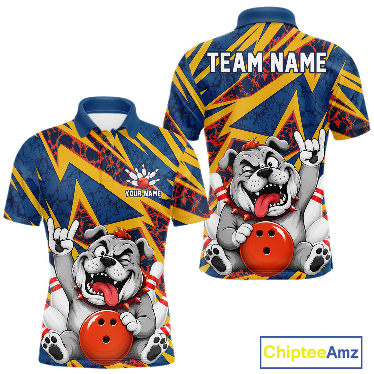 Funny Rock-On Bulldog Men's Bowling Polo Shirt, Personalized Bulldog Bowling League Jersey, Dog Lover Tournament Apparel