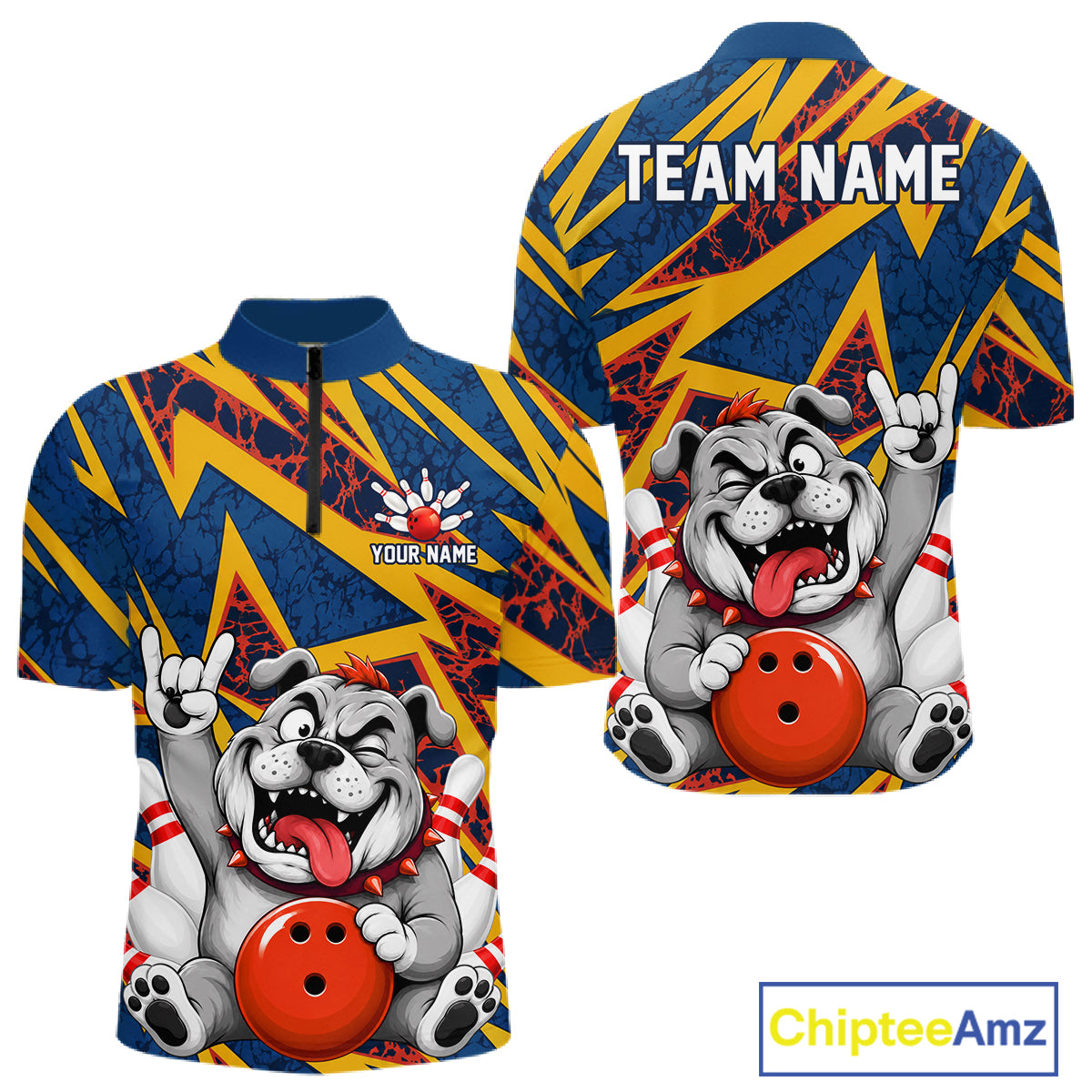 Rock-On Bulldog Men's Quarter-Zip Bowling Shirt, Personalized Bulldog League Jersey