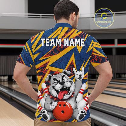 Male model wearing Funny Bulldog bowling polo shirt, personalized bulldog sports jersey, bowling lifestyle