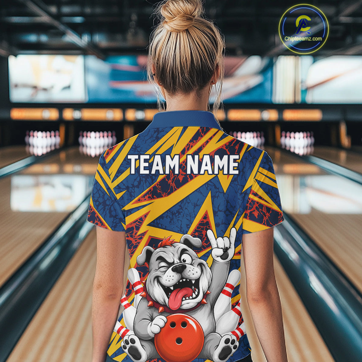 Female model wearing Funny Bulldog bowling polo, personalized dog lover bowling apparel, athletic confidence