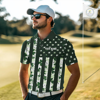 Custom American Flag Green Shamrock Mens Golf Polo Shirt St Patrick Golf Team Shirt NYN4223