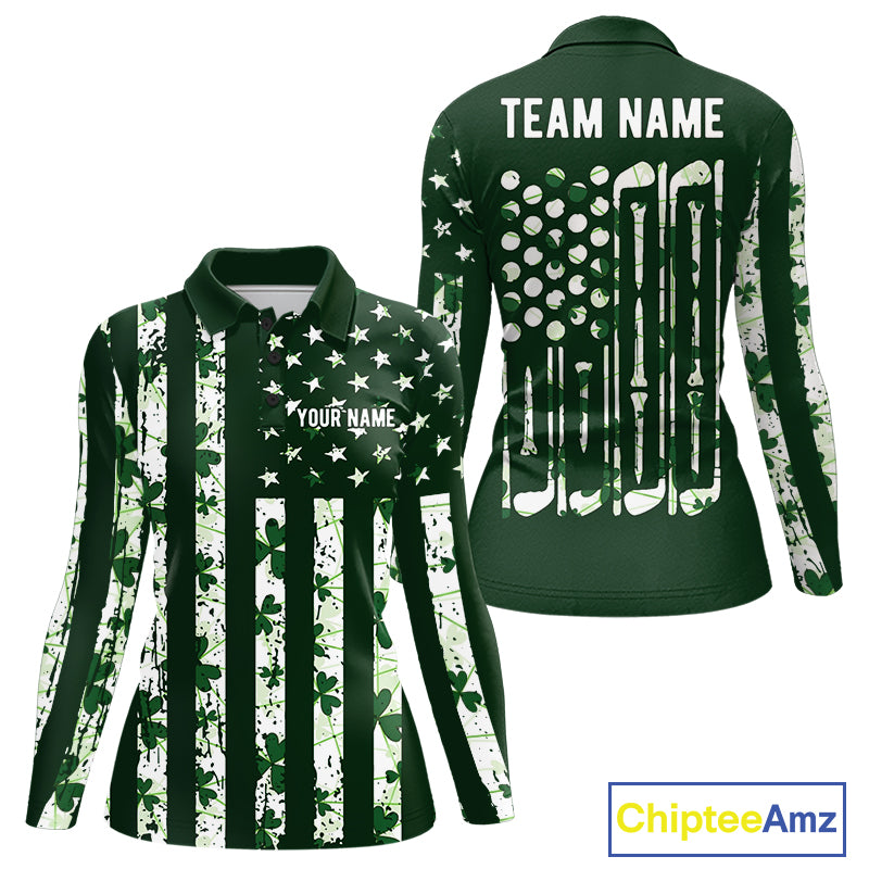 Custom American Flag Green Shamrock Womens Golf Polo Shirt St Patrick Golf Team Shirt NYN4223